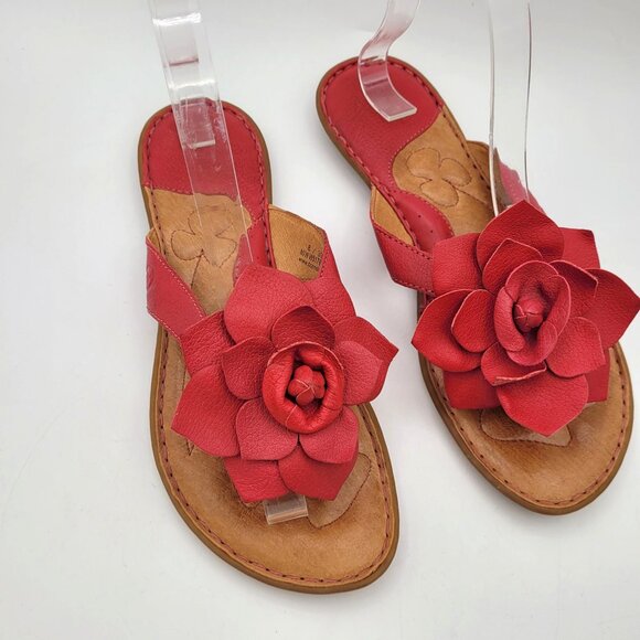 Born Red Leather Flower Blossom Thong Flip Flops Sandals NICE - Picture 1 of 15